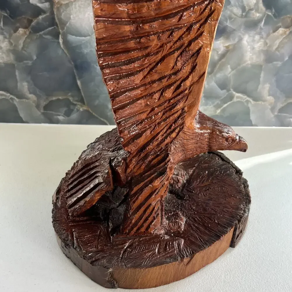 Rustic Chainsaw Carved Wooden Eagle Sculpture With Base Spread Wings 24